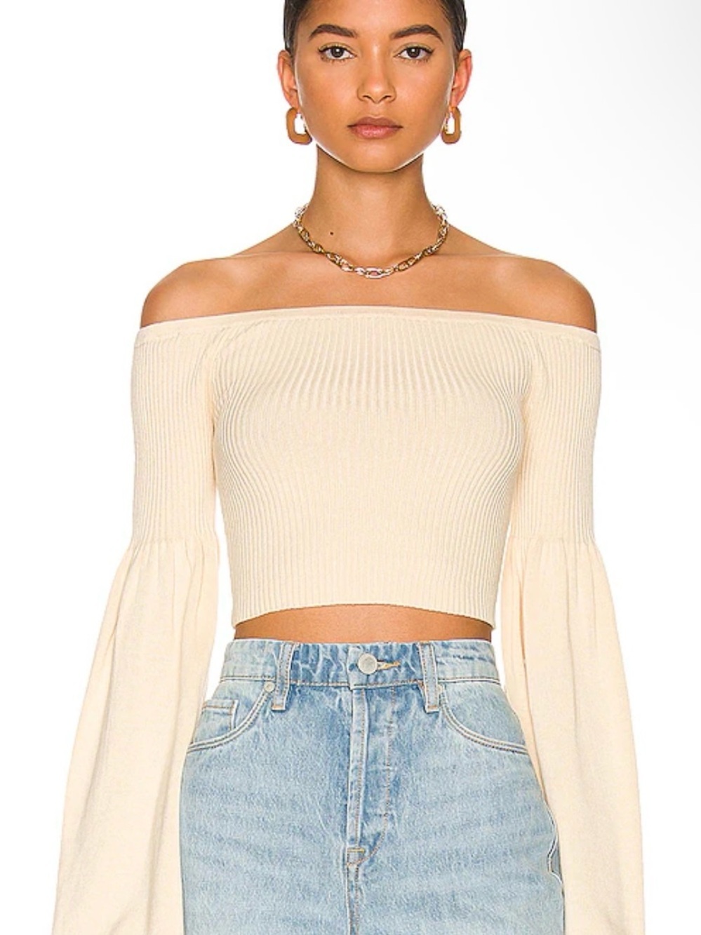 Off-Shoulder Cream Ribbed Crop Sweater with Bell Sleeves